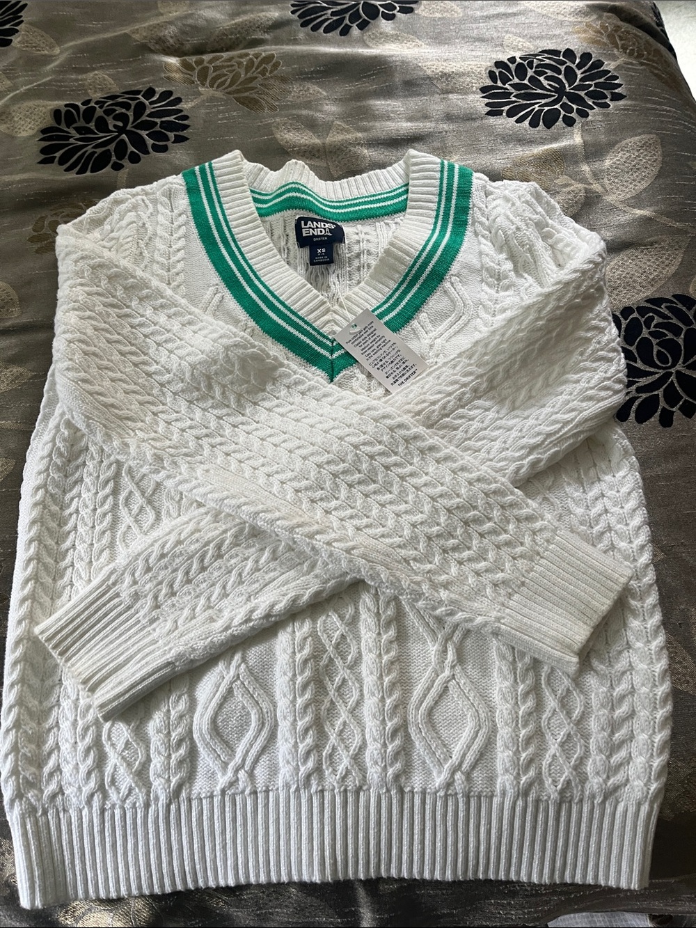 Lands' End White Cable-Knit V-Neck Sweater with Green Stripe